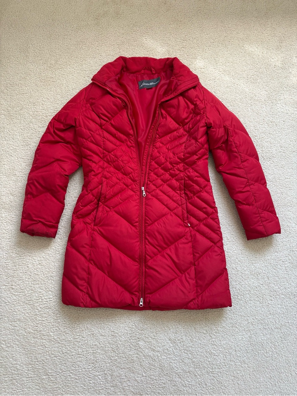 Eddie Bauer red puffy essential goose down Parka coat quilted chevron cozy sz S